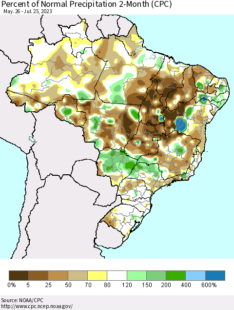 Brazil Percent of Normal Precipitation 2-Month (CPC) Thematic Map For 5/26/2023 - 7/25/2023