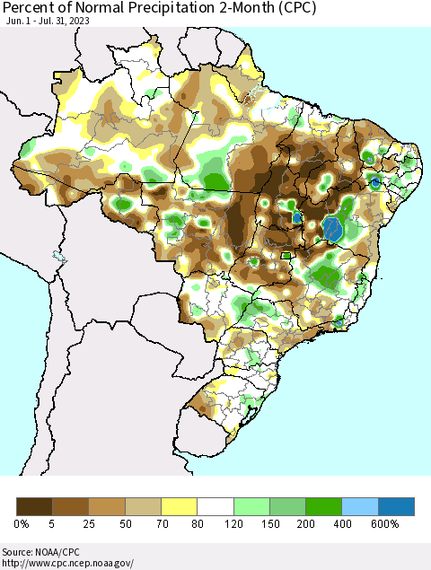 Brazil Percent of Normal Precipitation 2-Month (CPC) Thematic Map For 6/1/2023 - 7/31/2023