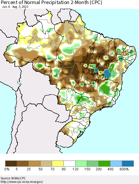 Brazil Percent of Normal Precipitation 2-Month (CPC) Thematic Map For 6/6/2023 - 8/5/2023