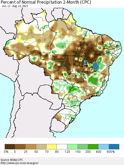 Brazil Percent of Normal Precipitation 2-Month (CPC) Thematic Map For 6/11/2023 - 8/10/2023