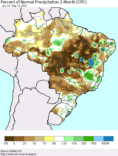 Brazil Percent of Normal Precipitation 2-Month (CPC) Thematic Map For 6/16/2023 - 8/15/2023