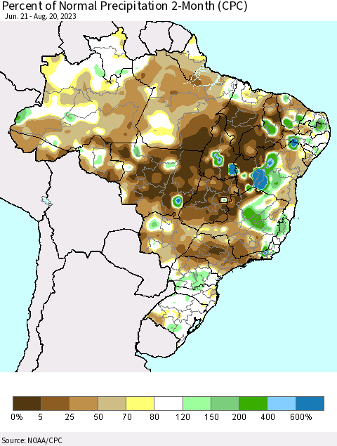 Brazil Percent of Normal Precipitation 2-Month (CPC) Thematic Map For 6/21/2023 - 8/20/2023