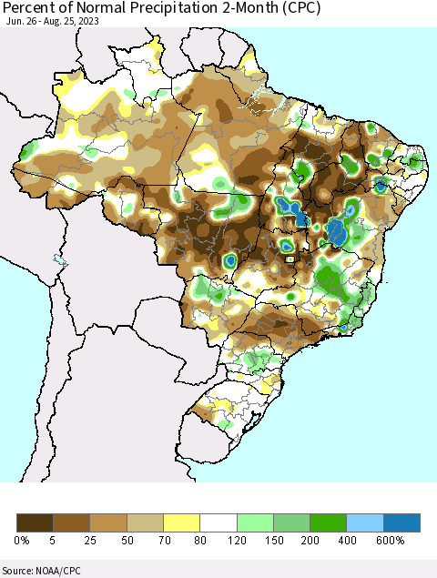 Brazil Percent of Normal Precipitation 2-Month (CPC) Thematic Map For 6/26/2023 - 8/25/2023