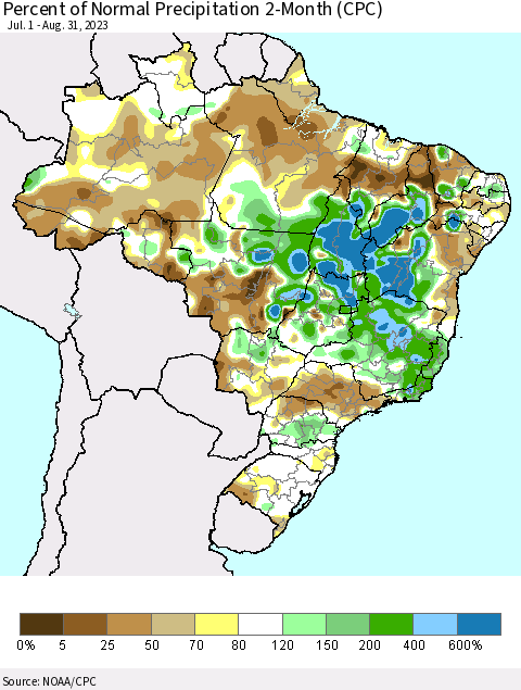 Brazil Percent of Normal Precipitation 2-Month (CPC) Thematic Map For 7/1/2023 - 8/31/2023