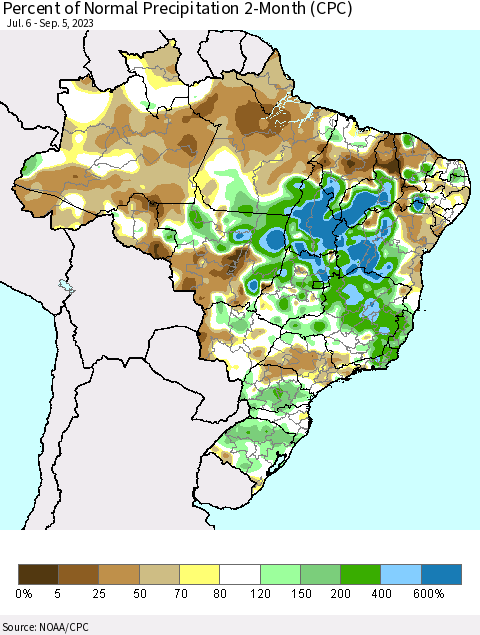 Brazil Percent of Normal Precipitation 2-Month (CPC) Thematic Map For 7/6/2023 - 9/5/2023