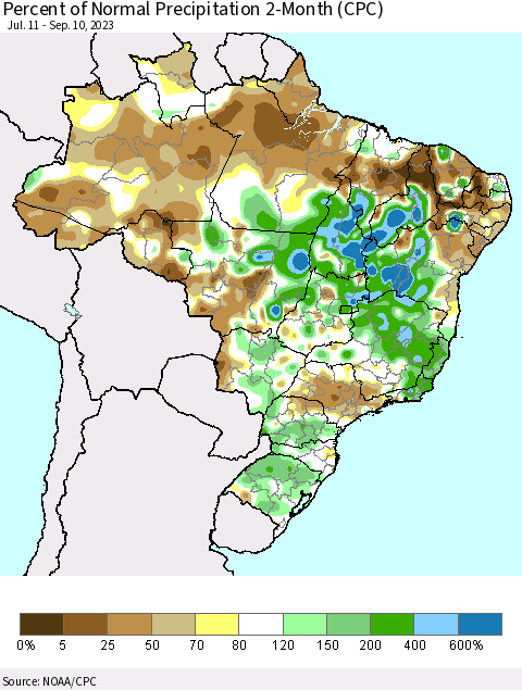 Brazil Percent of Normal Precipitation 2-Month (CPC) Thematic Map For 7/11/2023 - 9/10/2023