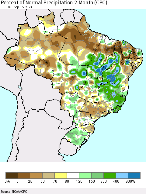 Brazil Percent of Normal Precipitation 2-Month (CPC) Thematic Map For 7/16/2023 - 9/15/2023