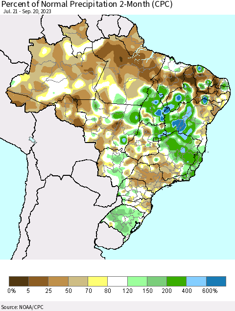 Brazil Percent of Normal Precipitation 2-Month (CPC) Thematic Map For 7/21/2023 - 9/20/2023