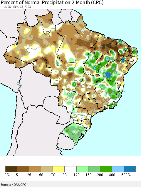 Brazil Percent of Normal Precipitation 2-Month (CPC) Thematic Map For 7/26/2023 - 9/25/2023
