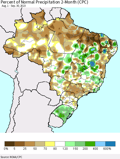 Brazil Percent of Normal Precipitation 2-Month (CPC) Thematic Map For 8/1/2023 - 9/30/2023