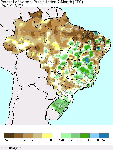 Brazil Percent of Normal Precipitation 2-Month (CPC) Thematic Map For 8/6/2023 - 10/5/2023