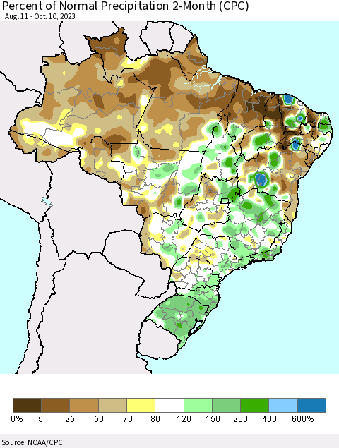Brazil Percent of Normal Precipitation 2-Month (CPC) Thematic Map For 8/11/2023 - 10/10/2023