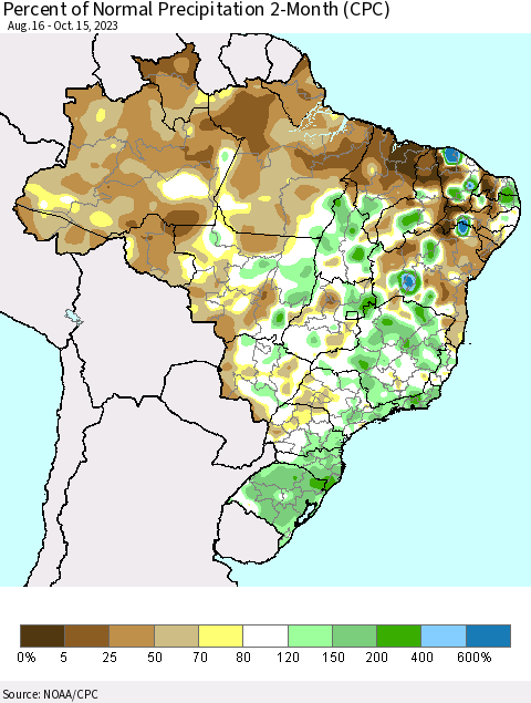 Brazil Percent of Normal Precipitation 2-Month (CPC) Thematic Map For 8/16/2023 - 10/15/2023