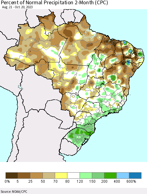 Brazil Percent of Normal Precipitation 2-Month (CPC) Thematic Map For 8/21/2023 - 10/20/2023