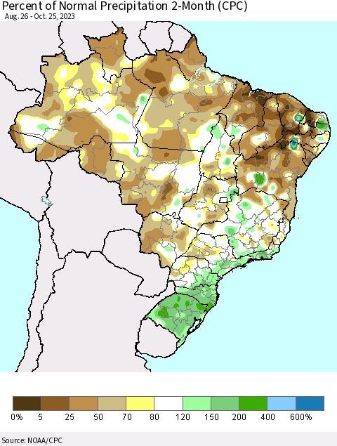Brazil Percent of Normal Precipitation 2-Month (CPC) Thematic Map For 8/26/2023 - 10/25/2023
