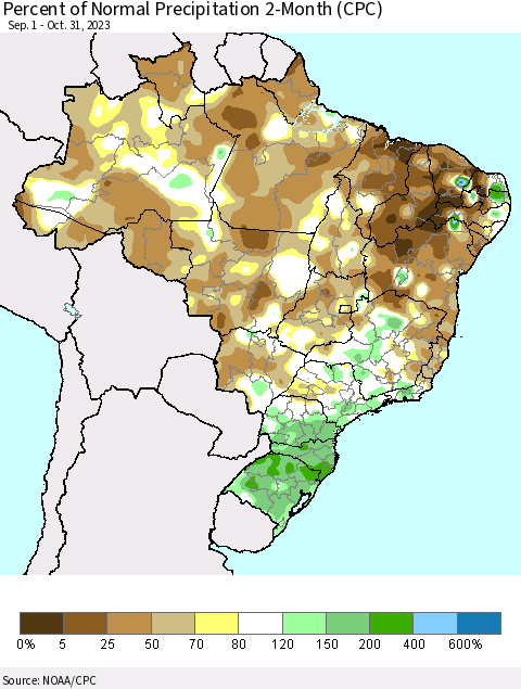 Brazil Percent of Normal Precipitation 2-Month (CPC) Thematic Map For 9/1/2023 - 10/31/2023