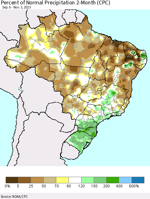 Brazil Percent of Normal Precipitation 2-Month (CPC) Thematic Map For 9/6/2023 - 11/5/2023