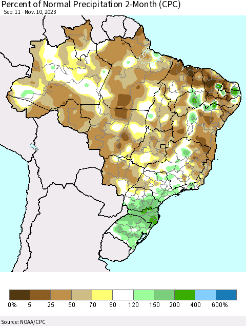Brazil Percent of Normal Precipitation 2-Month (CPC) Thematic Map For 9/11/2023 - 11/10/2023