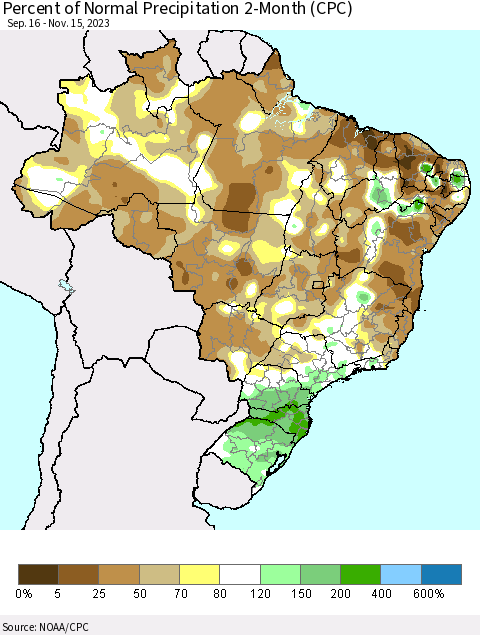 Brazil Percent of Normal Precipitation 2-Month (CPC) Thematic Map For 9/16/2023 - 11/15/2023