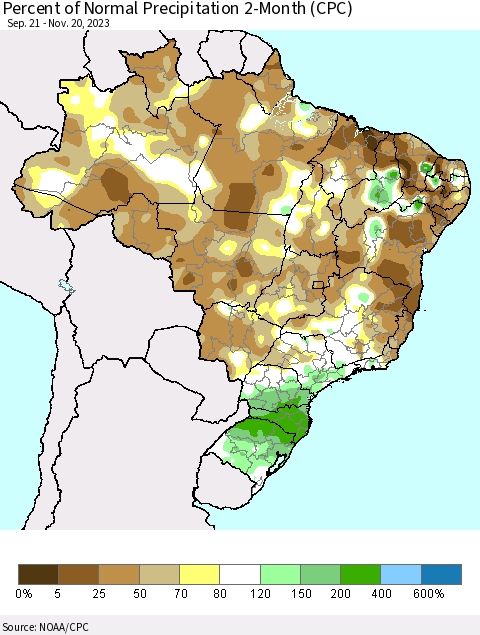Brazil Percent of Normal Precipitation 2-Month (CPC) Thematic Map For 9/21/2023 - 11/20/2023