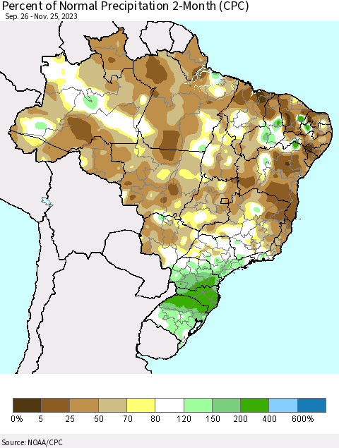 Brazil Percent of Normal Precipitation 2-Month (CPC) Thematic Map For 9/26/2023 - 11/25/2023