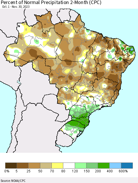 Brazil Percent of Normal Precipitation 2-Month (CPC) Thematic Map For 10/1/2023 - 11/30/2023