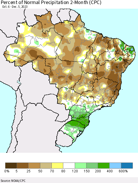 Brazil Percent of Normal Precipitation 2-Month (CPC) Thematic Map For 10/6/2023 - 12/5/2023