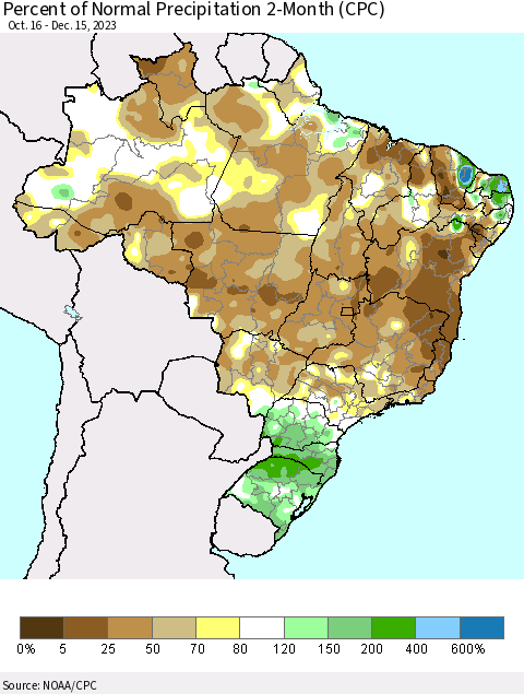 Brazil Percent of Normal Precipitation 2-Month (CPC) Thematic Map For 10/16/2023 - 12/15/2023