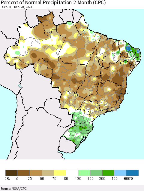 Brazil Percent of Normal Precipitation 2-Month (CPC) Thematic Map For 10/21/2023 - 12/20/2023