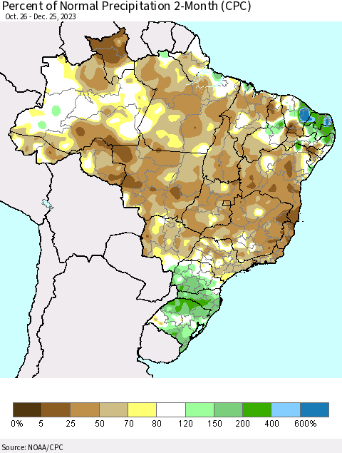 Brazil Percent of Normal Precipitation 2-Month (CPC) Thematic Map For 10/26/2023 - 12/25/2023