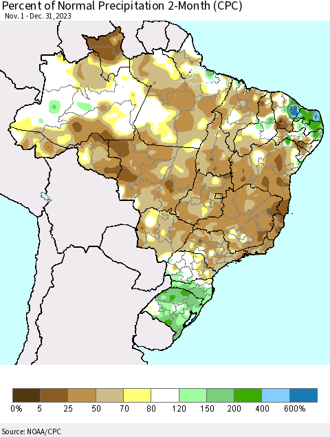 Brazil Percent of Normal Precipitation 2-Month (CPC) Thematic Map For 11/1/2023 - 12/31/2023