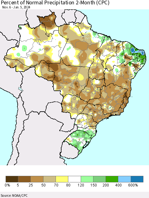 Brazil Percent of Normal Precipitation 2-Month (CPC) Thematic Map For 11/6/2023 - 1/5/2024