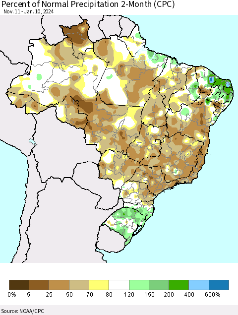 Brazil Percent of Normal Precipitation 2-Month (CPC) Thematic Map For 11/11/2023 - 1/10/2024