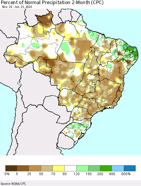 Brazil Percent of Normal Precipitation 2-Month (CPC) Thematic Map For 11/16/2023 - 1/15/2024