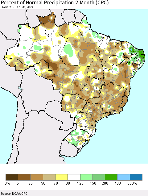 Brazil Percent of Normal Precipitation 2-Month (CPC) Thematic Map For 11/21/2023 - 1/20/2024
