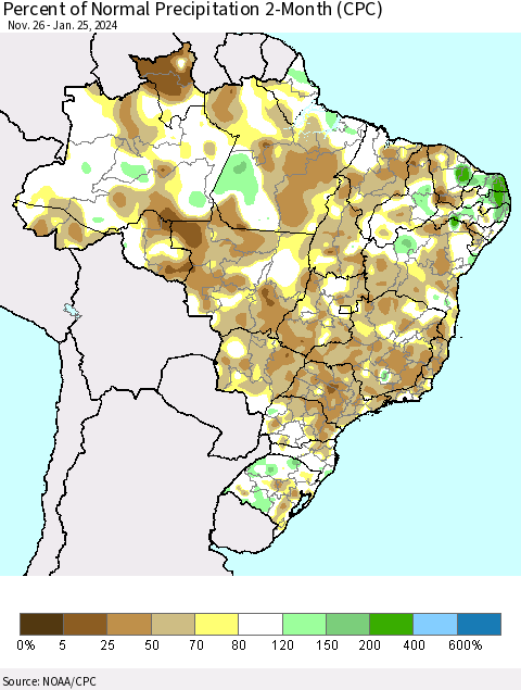 Brazil Percent of Normal Precipitation 2-Month (CPC) Thematic Map For 11/26/2023 - 1/25/2024