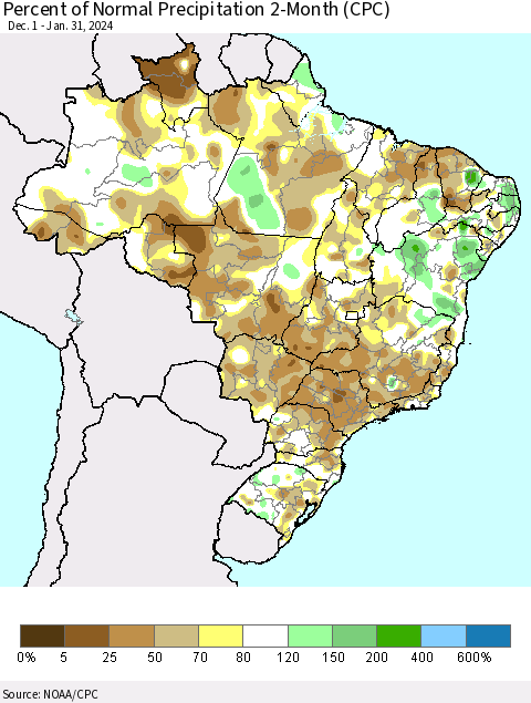 Brazil Percent of Normal Precipitation 2-Month (CPC) Thematic Map For 12/1/2023 - 1/31/2024