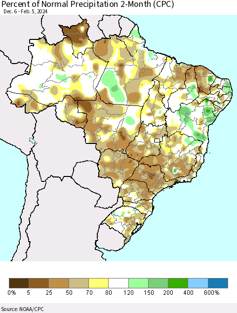 Brazil Percent of Normal Precipitation 2-Month (CPC) Thematic Map For 12/6/2023 - 2/5/2024