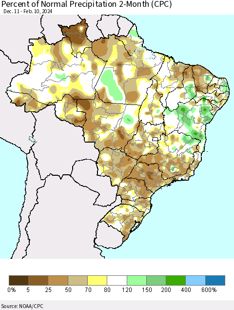 Brazil Percent of Normal Precipitation 2-Month (CPC) Thematic Map For 12/11/2023 - 2/10/2024