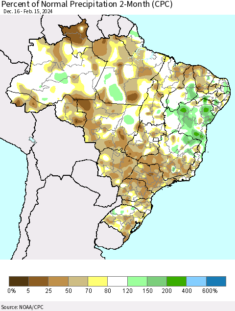 Brazil Percent of Normal Precipitation 2-Month (CPC) Thematic Map For 12/16/2023 - 2/15/2024