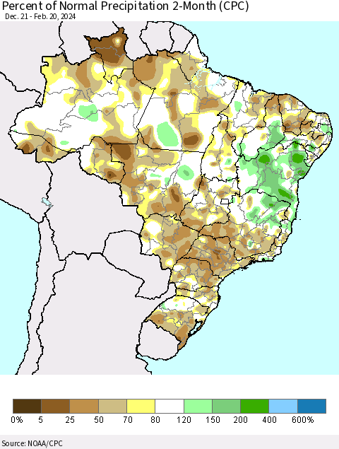 Brazil Percent of Normal Precipitation 2-Month (CPC) Thematic Map For 12/21/2023 - 2/20/2024