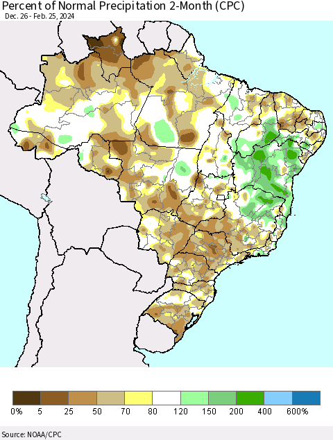 Brazil Percent of Normal Precipitation 2-Month (CPC) Thematic Map For 12/26/2023 - 2/25/2024