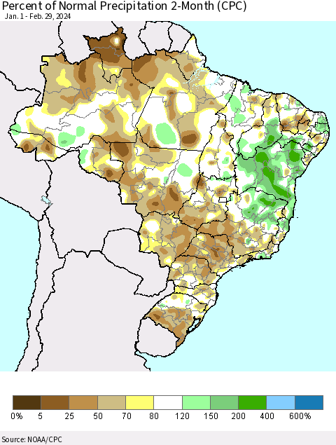 Brazil Percent of Normal Precipitation 2-Month (CPC) Thematic Map For 1/1/2024 - 2/29/2024