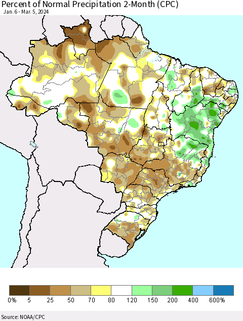Brazil Percent of Normal Precipitation 2-Month (CPC) Thematic Map For 1/6/2024 - 3/5/2024
