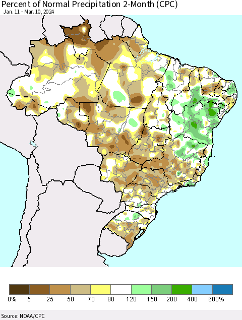 Brazil Percent of Normal Precipitation 2-Month (CPC) Thematic Map For 1/11/2024 - 3/10/2024