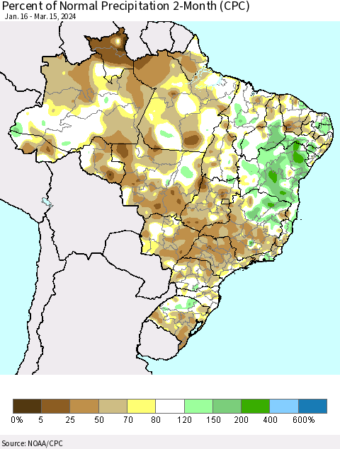 Brazil Percent of Normal Precipitation 2-Month (CPC) Thematic Map For 1/16/2024 - 3/15/2024