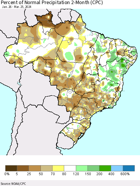 Brazil Percent of Normal Precipitation 2-Month (CPC) Thematic Map For 1/26/2024 - 3/25/2024