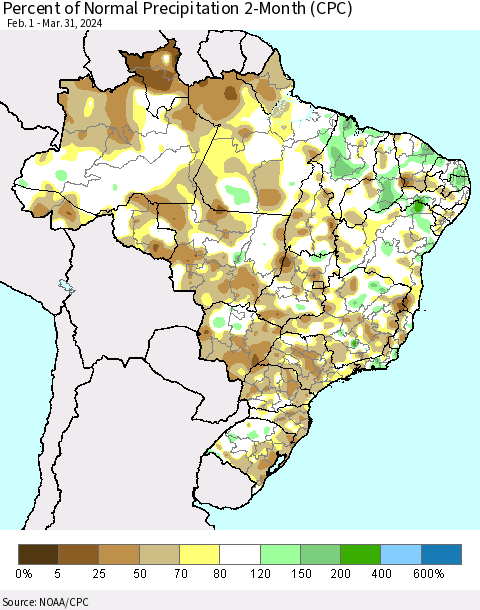 Brazil Percent of Normal Precipitation 2-Month (CPC) Thematic Map For 2/1/2024 - 3/31/2024