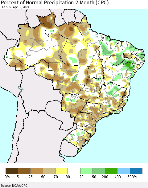Brazil Percent of Normal Precipitation 2-Month (CPC) Thematic Map For 2/6/2024 - 4/5/2024