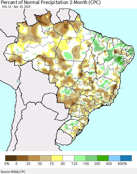 Brazil Percent of Normal Precipitation 2-Month (CPC) Thematic Map For 2/11/2024 - 4/10/2024